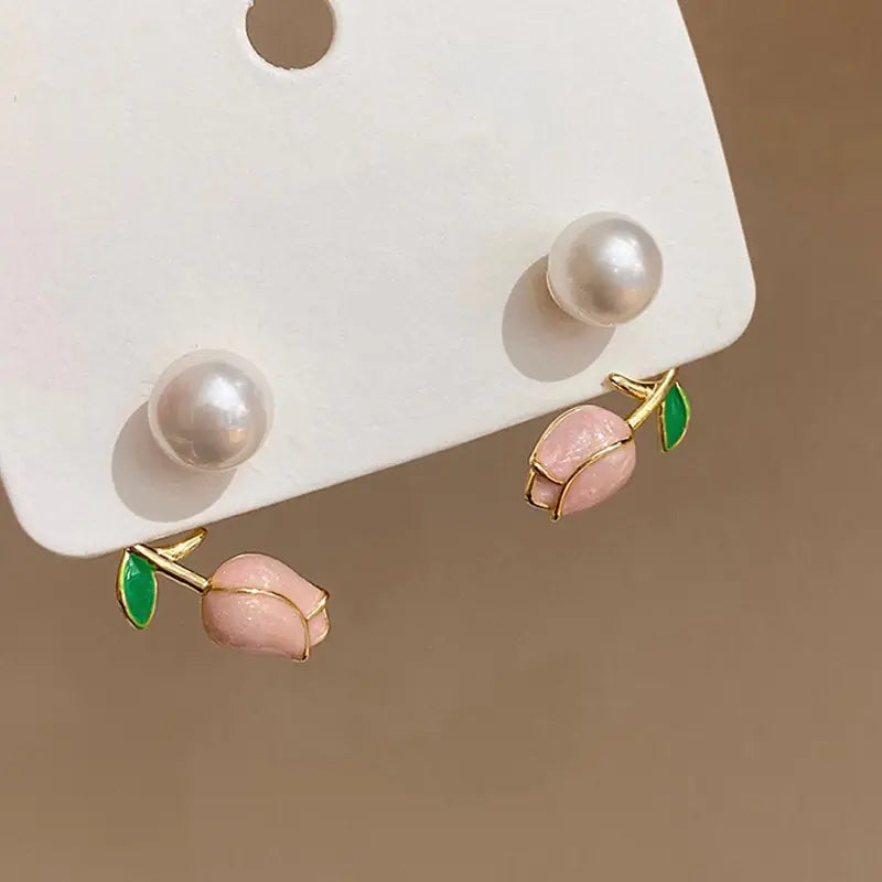 Pink Tulip Flower Earrings