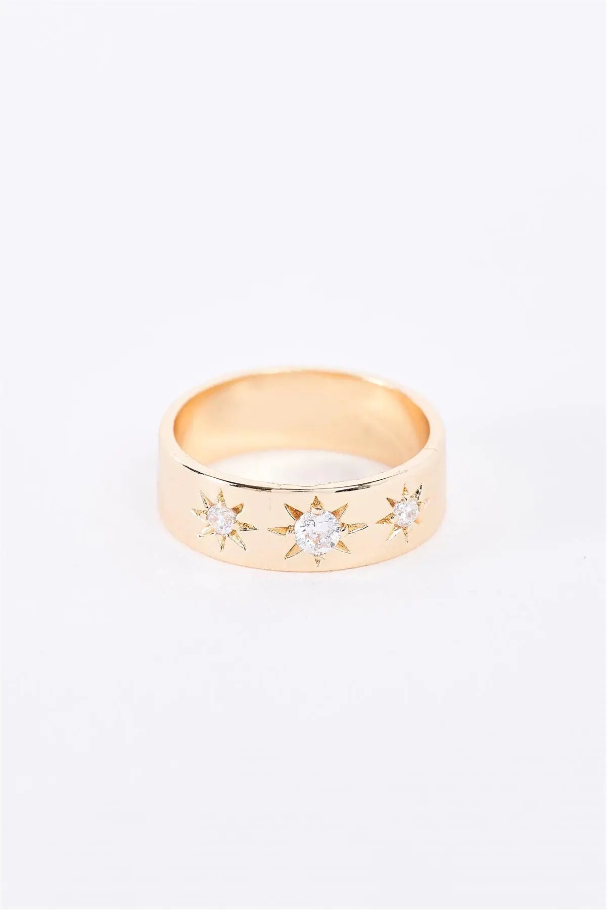 Gold Brass Star Carved Faux Diamonds Incrusted Wide Ring