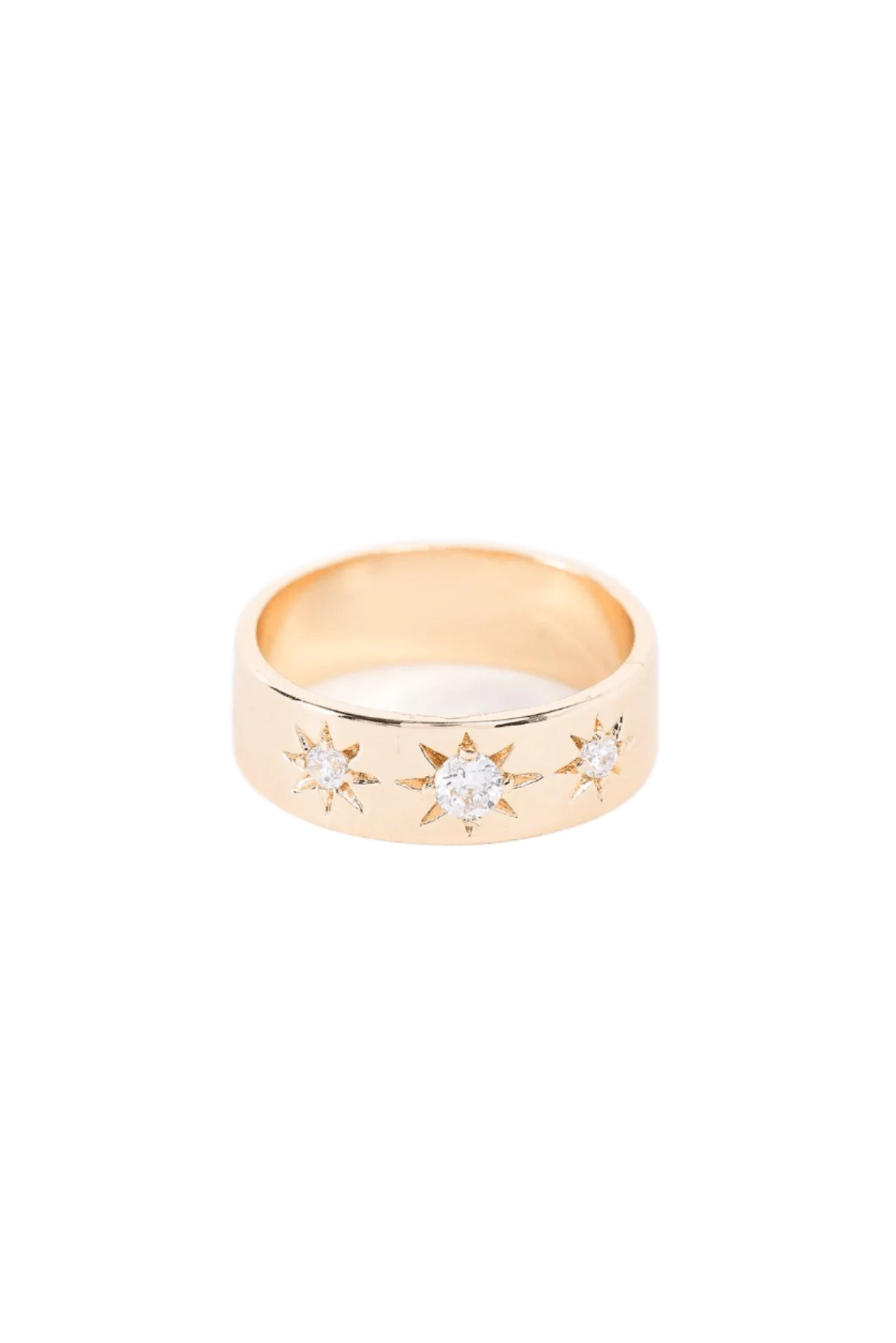 Gold Brass Star Carved Faux Diamonds Incrusted Wide Ring