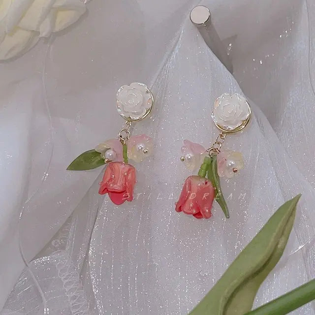 Pink Tulip Flower Earrings