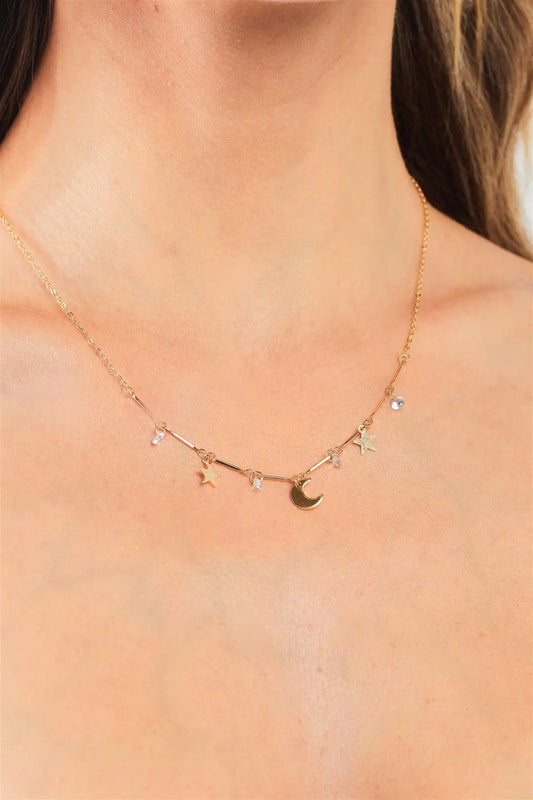 Follow The Moon Gold Star Diamonds Moon Charm Necklace