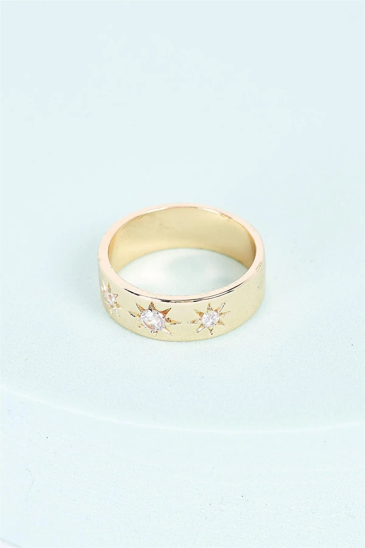 Gold Brass Star Carved Faux Diamonds Incrusted Wide Ring